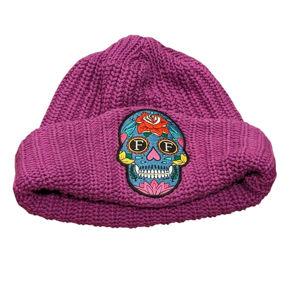 Sugar Skull Beanie Knit Hat Purple Magenta Goth Alternative Whimsygoth Festival